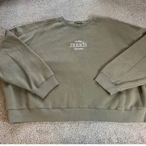 nuuds Crewneck Sweatshirt Womens XL Olive Green Embroidered Logo Fleece cozy